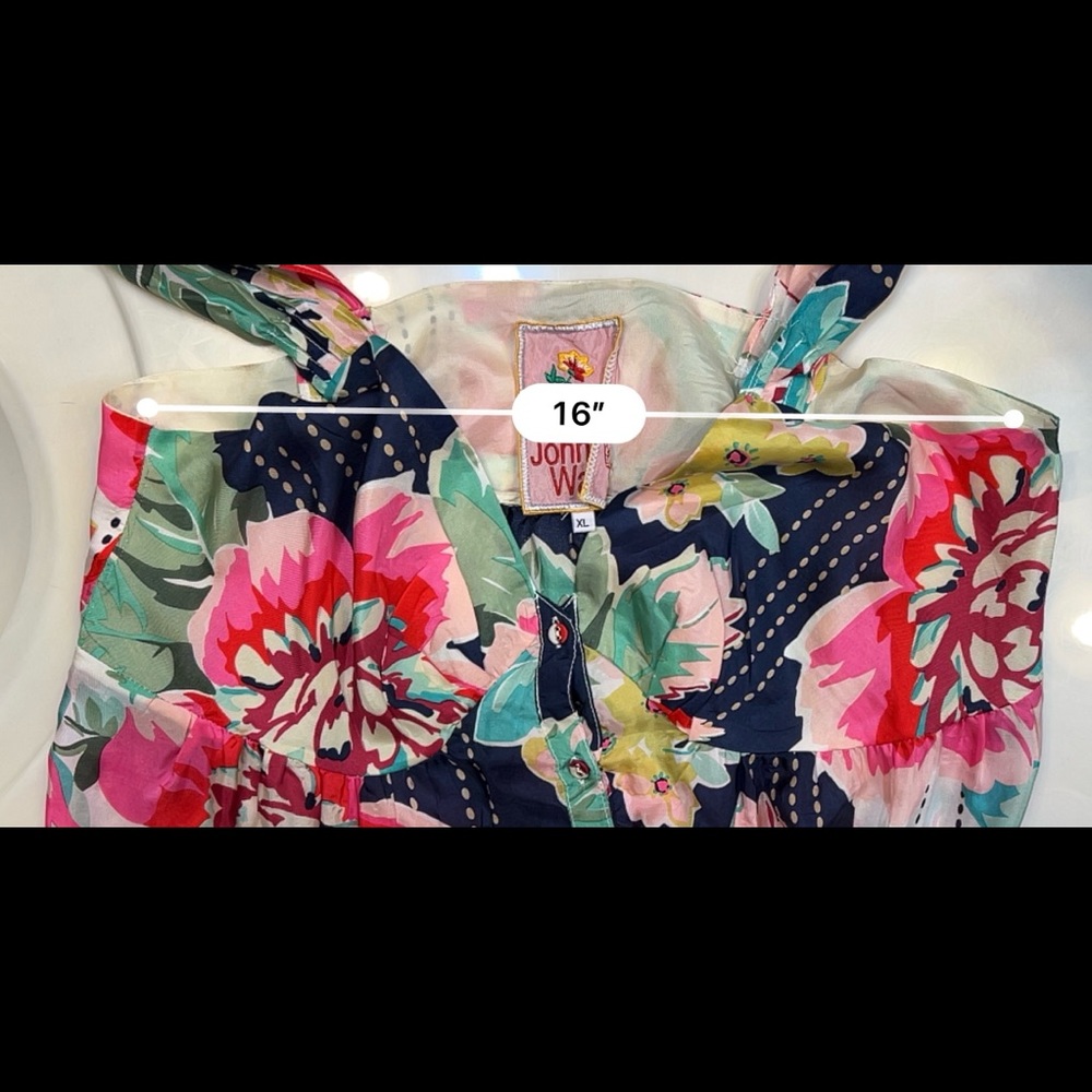 Johnny Was 100% Silk Dress, Empire waist. Full body Ruffle Hem XL ( bust small)